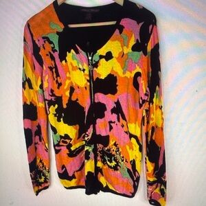 ELENA WANG Women Multicolor Long Sleeve Cardigan Sweater Full Zip Size L